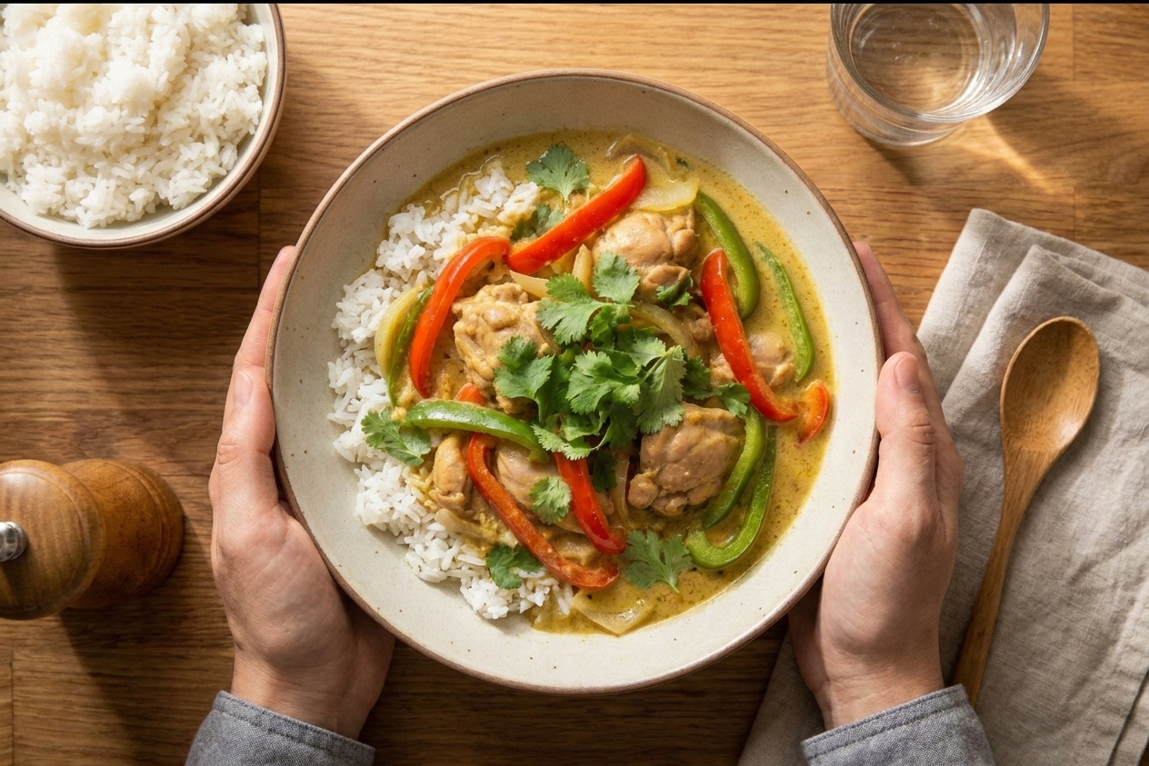 A bowl of coconut milk chicken curry spooned over white rice and topped with fresh cilantro on a dinner table