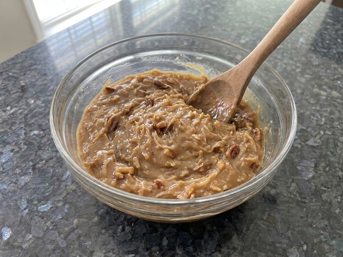 A bowl of coconut-pecan frosting cooling with a spatula resting inside