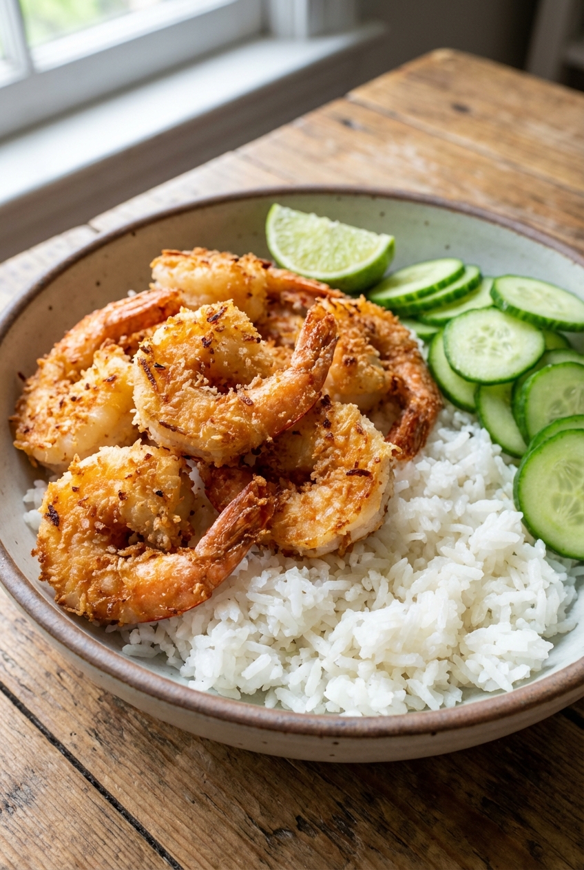 A bowl of coconut shrimp served over jasmine rice with sliced cucumbers on the side