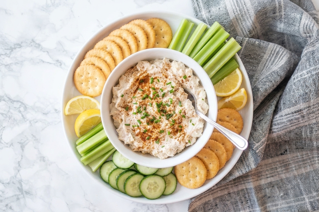 A bowl of cold crab dip on a platter surrounded by crackers, sliced cucumbers, celery sticks, and lemon wedges set on a casual table setting