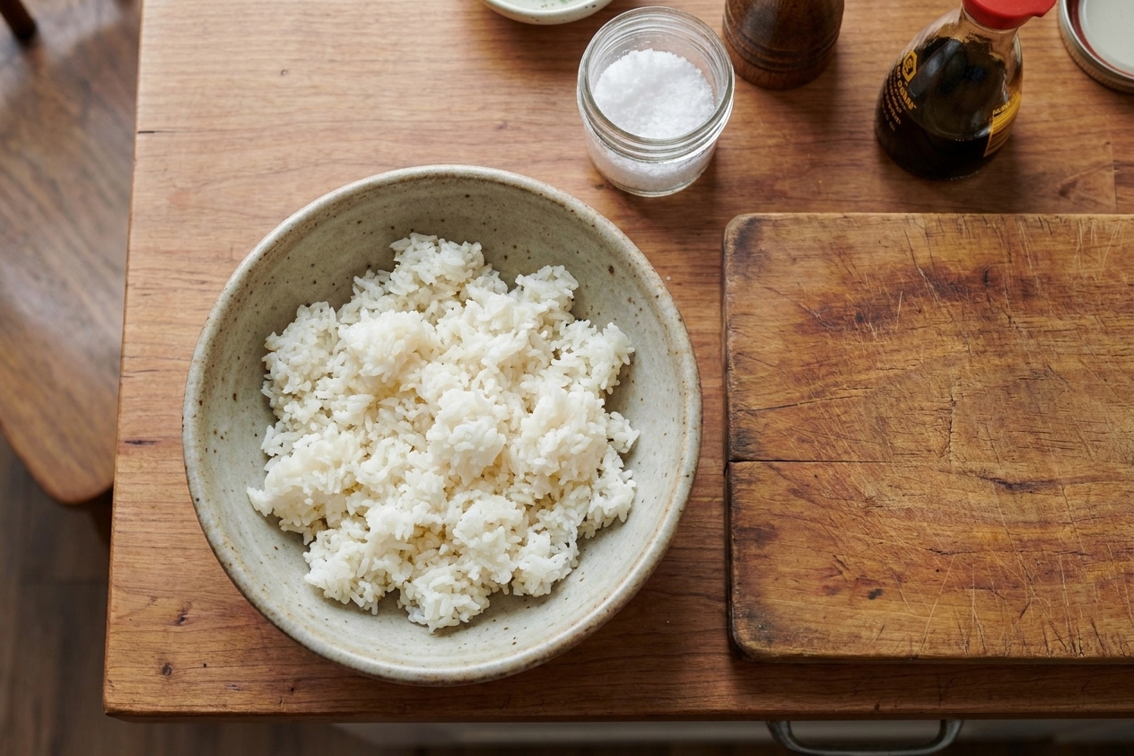A bowl of cold leftover rice on a kitchen counter next to a cutting board and simple pantry seasonings