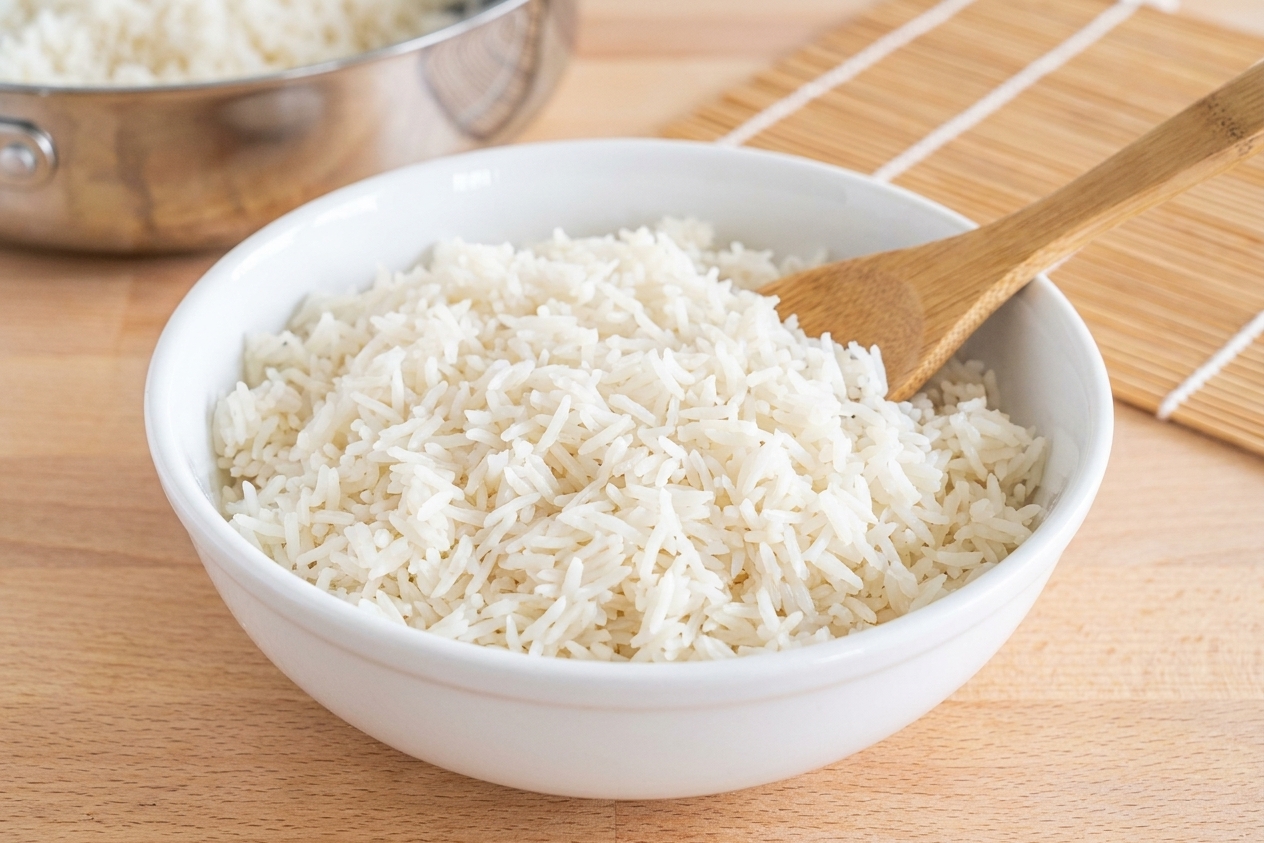 A bowl of cold leftover white rice with separated grains sitting on a kitchen counter
