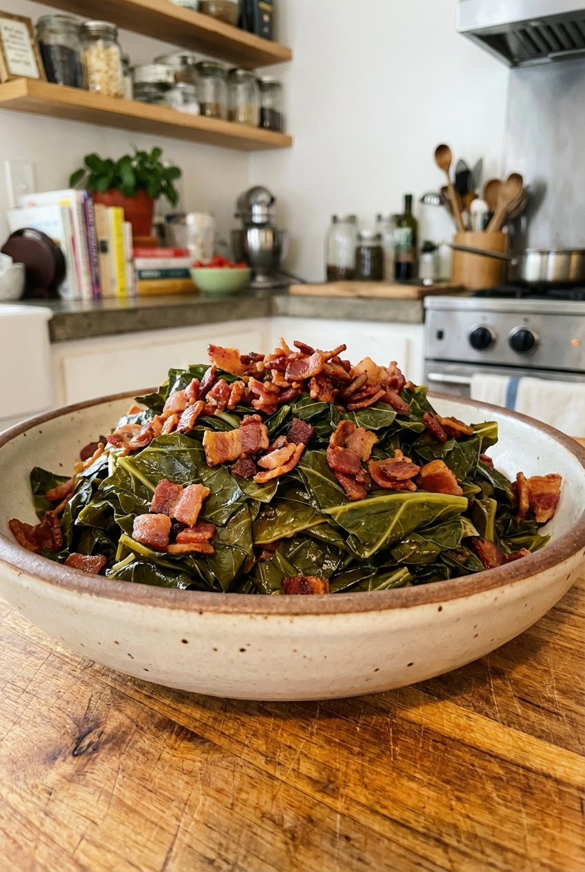 A bowl of collard greens with bits of bacon