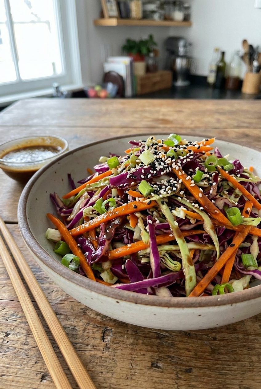 A bowl of colorful Asian slaw with shredded cabbage, carrots, and scallions tossed in a glossy cocoa-sesame dressing, with sesame seeds on top on a wooden table
