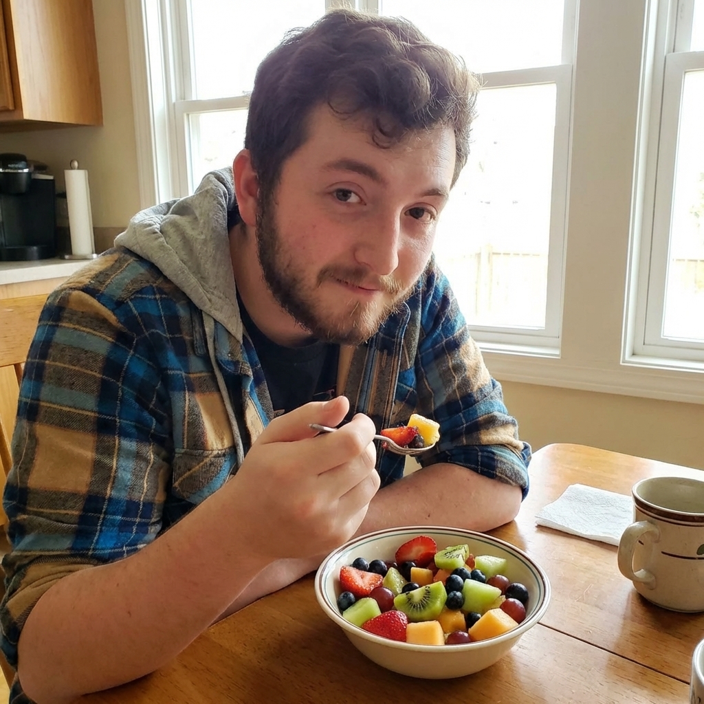 A bowl of colorful fruit salad with a spoon