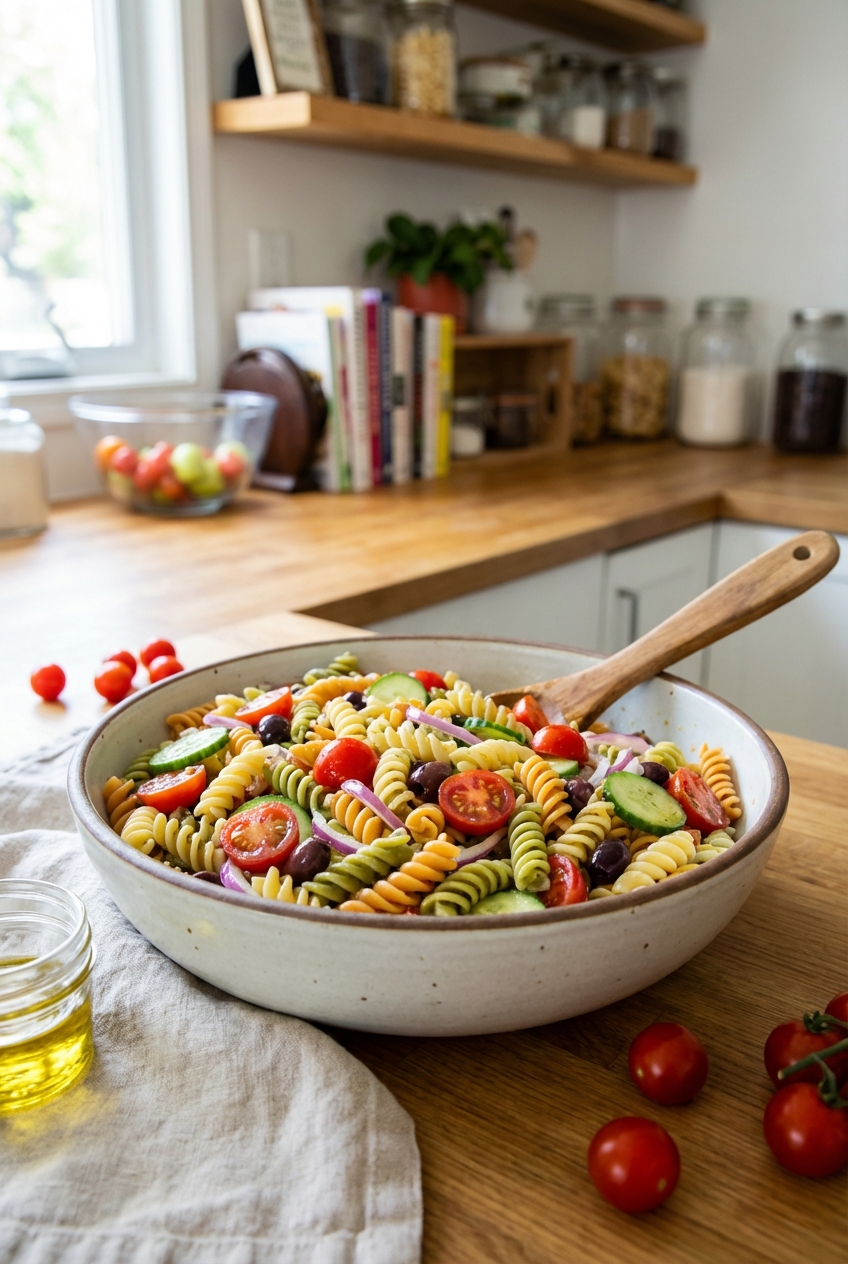 A bowl of colorful pasta salad with tomatoes and cucumbers on a kitchen counter