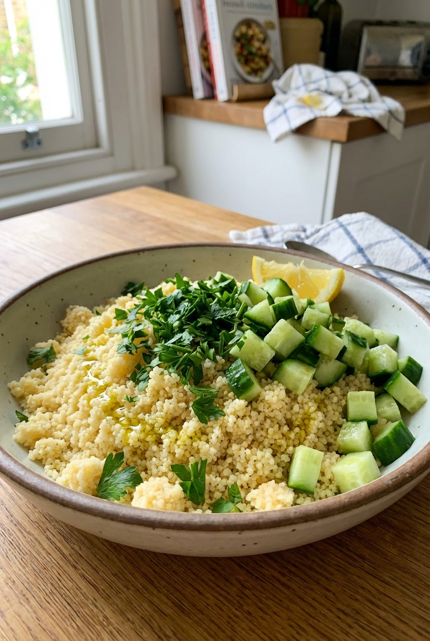 A bowl of cooked couscous with parsley and diced cucumbers