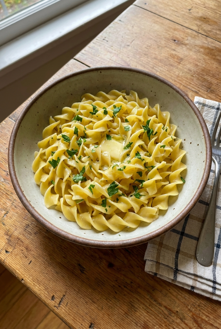 A bowl of cooked egg noodles tossed with butter and parsley