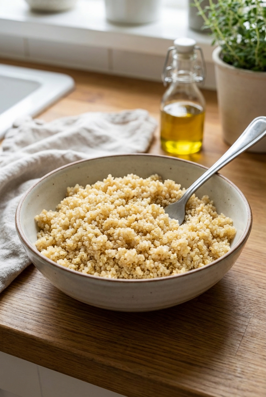 A bowl of cooked quinoa with a fork