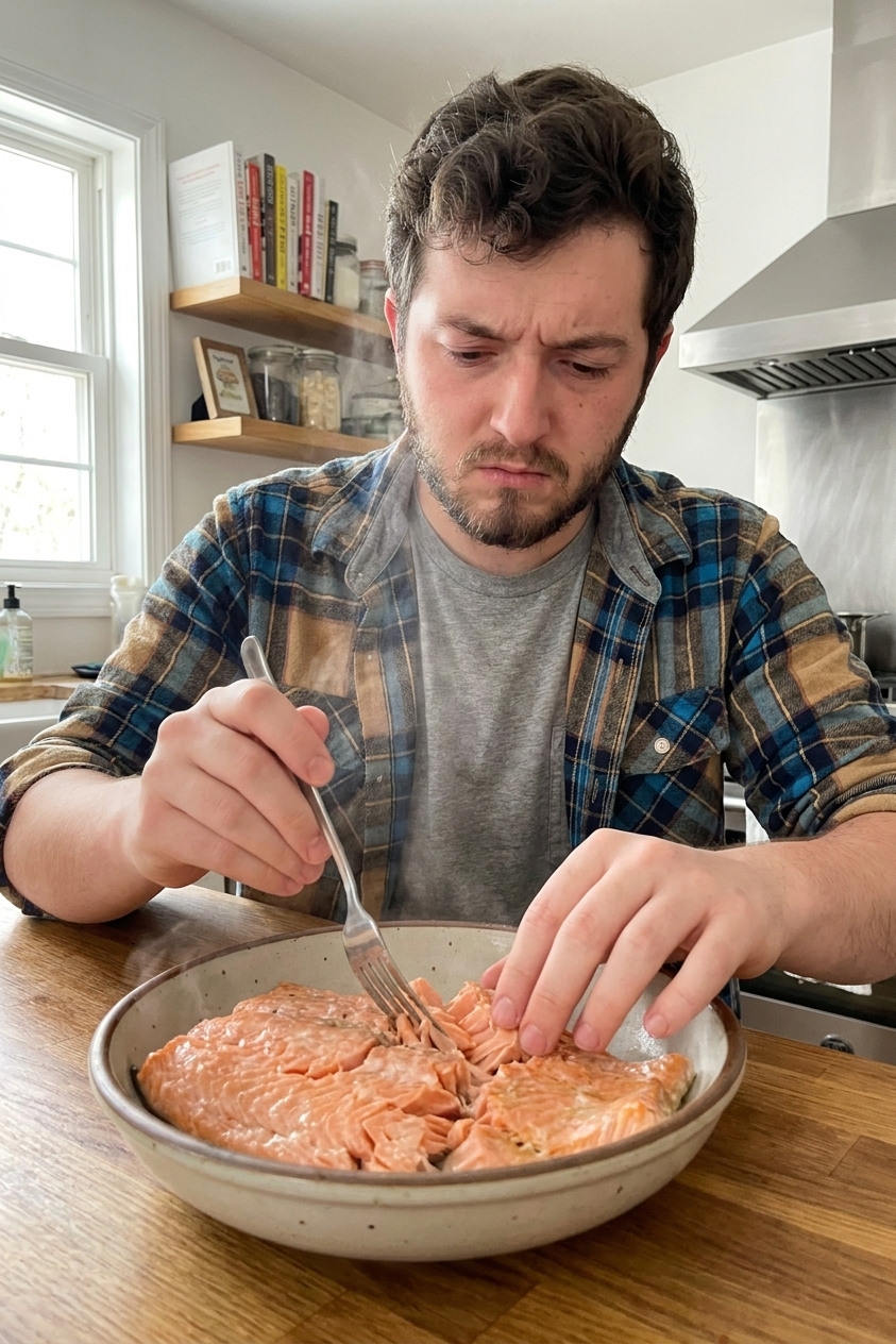 A bowl of cooked salmon being flaked into tender pieces with a fork, with steam rising slightly, photographed in a home kitchen