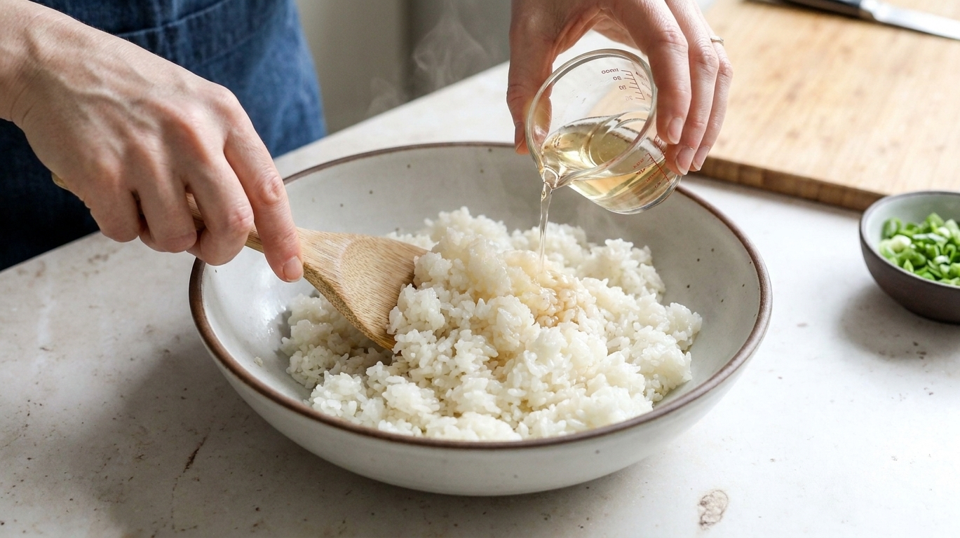 A bowl of cooked sushi rice being mixed with rice vinegar seasoning using a wooden spoon on a clean kitchen counter