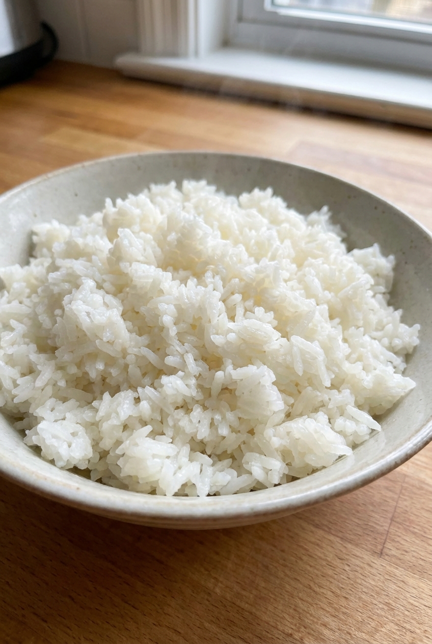 A bowl of cooked white rice with fluffy grains