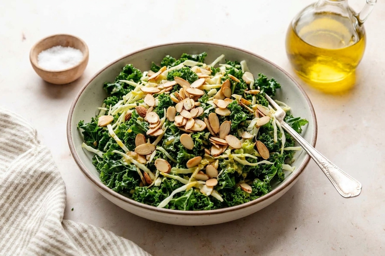 A bowl of copycat Chick-fil-A kale crunch salad with chopped kale, shredded cabbage, toasted almonds, and a glossy apple Dijon dressing on a light stone kitchen counter