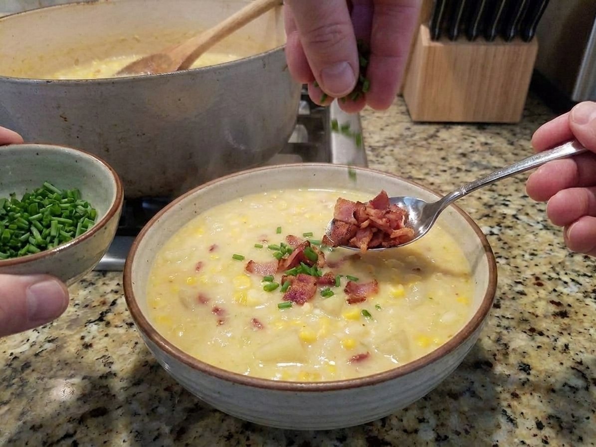 A bowl of corn chowder being topped with chopped chives and crispy bacon bits on a kitchen counter