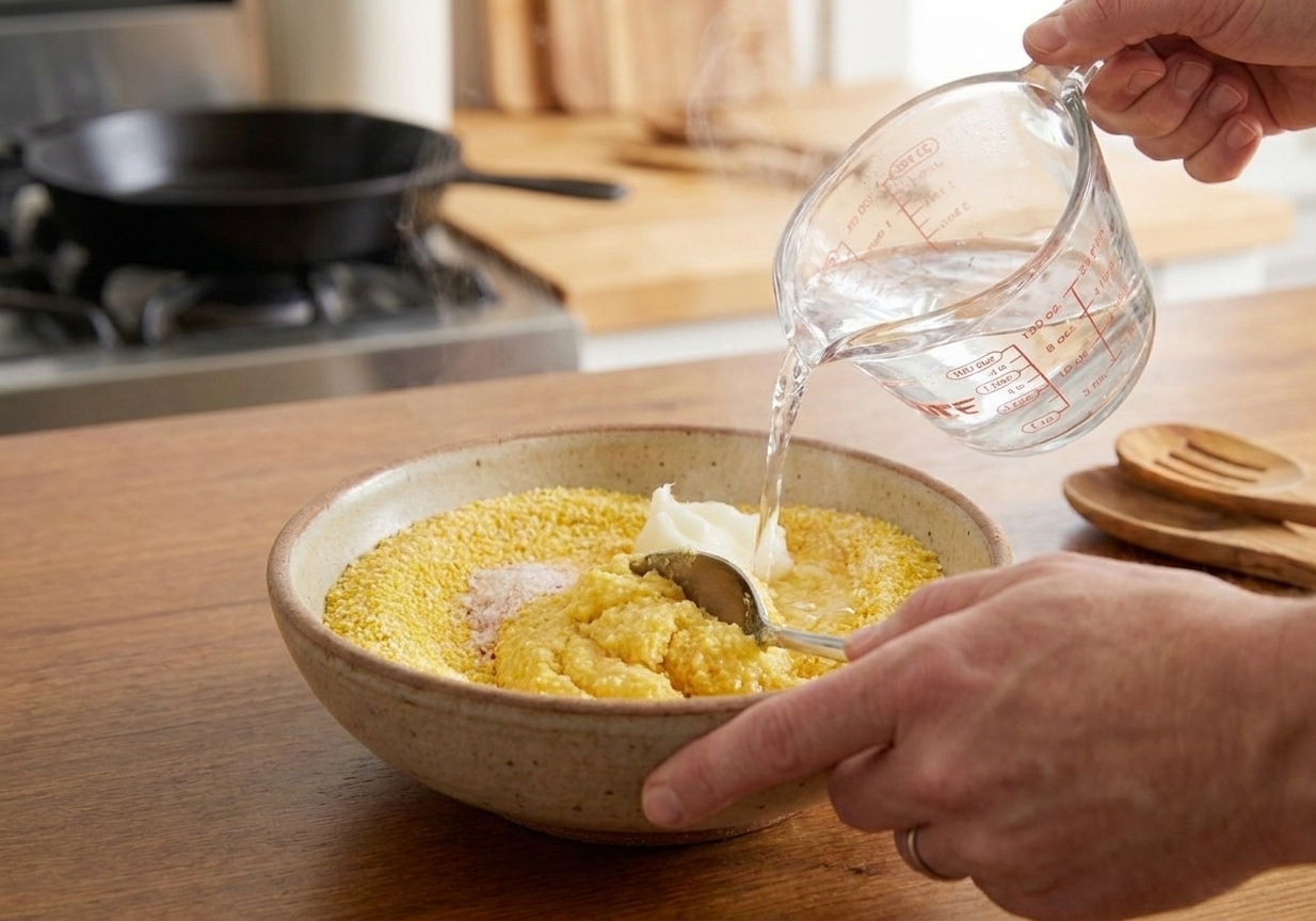 A bowl of cornmeal being stirred with boiling water using a spoon, forming a thick dough for hot water cornbread