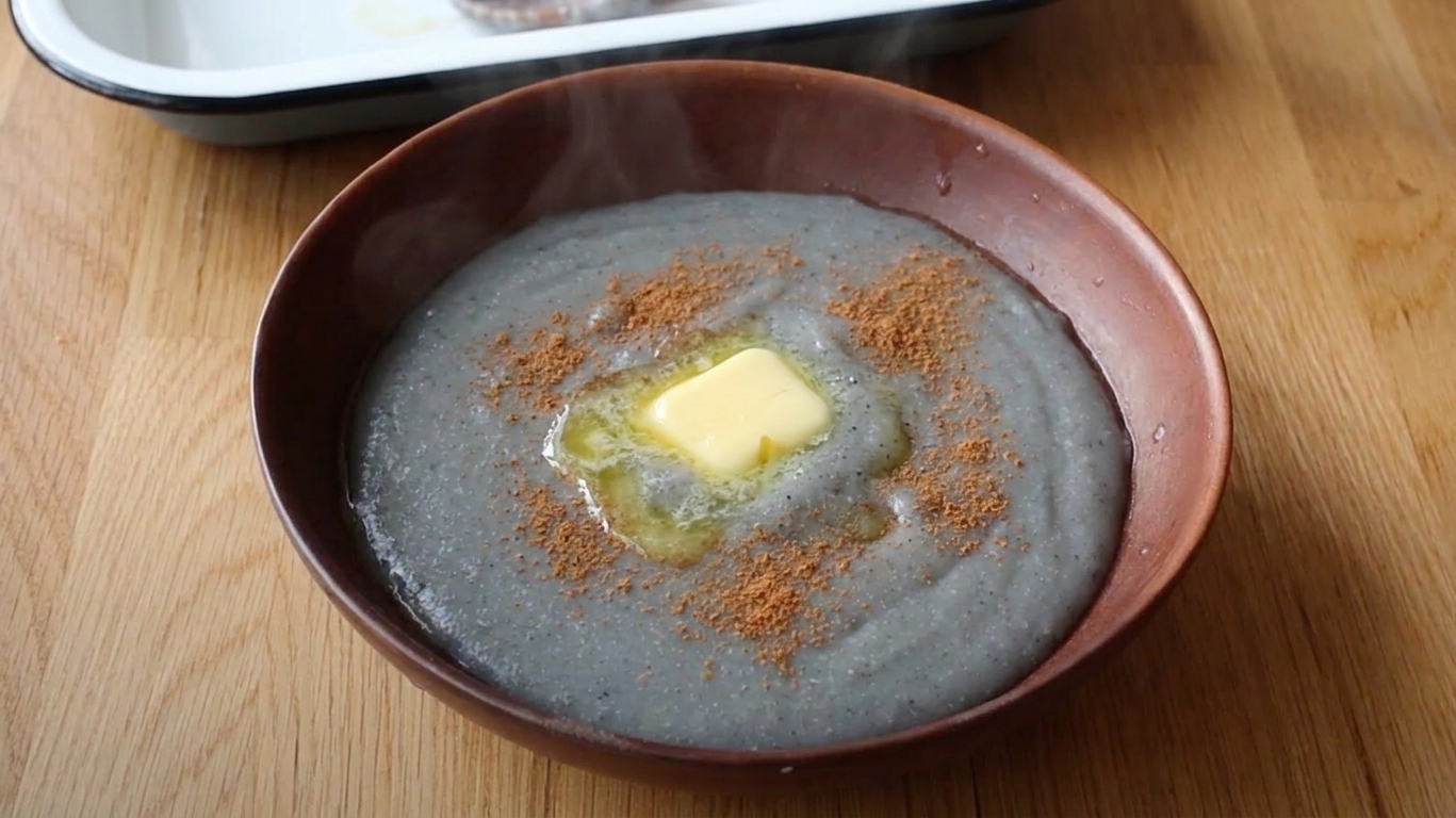 A bowl of cornmeal porridge with a pat of butter melting into the surface and a light dusting of cinnamon