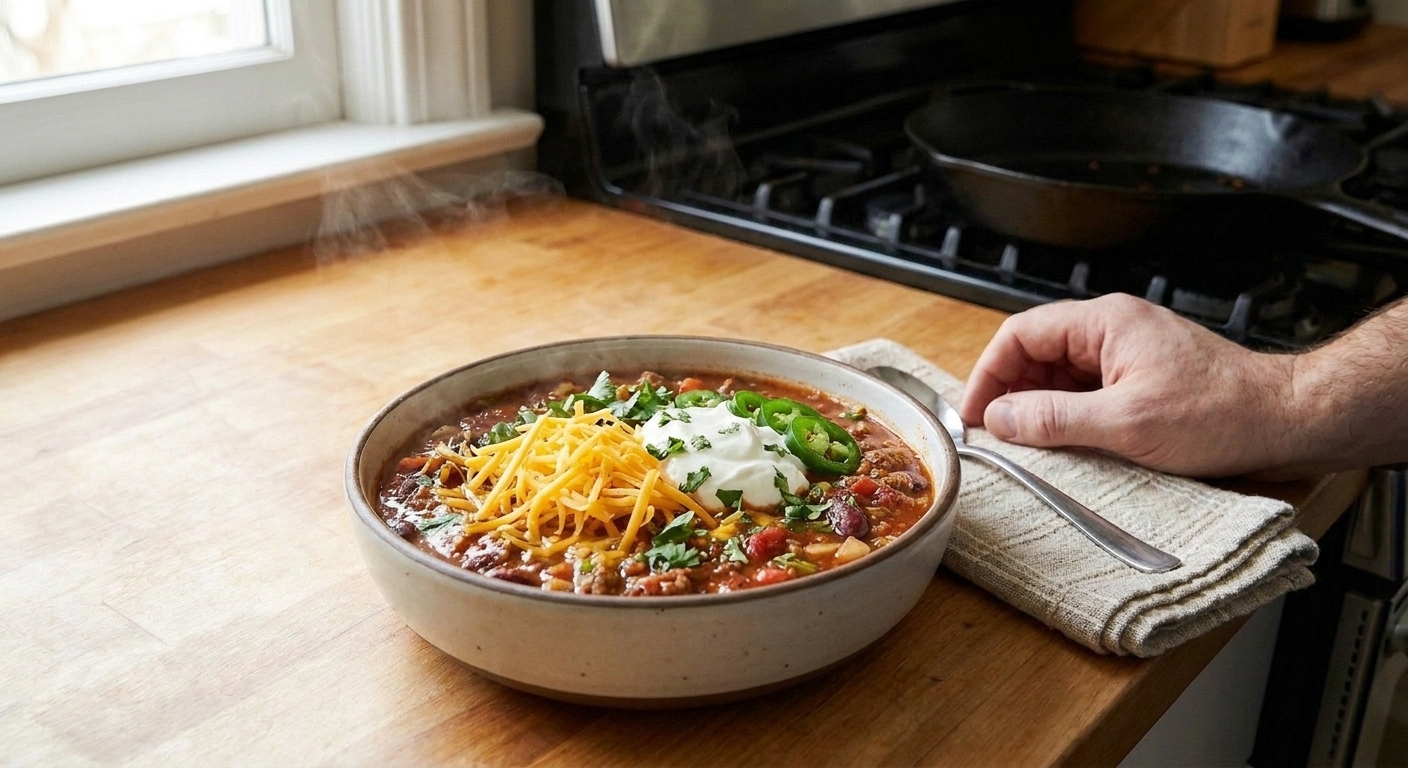 A bowl of cowboy chili topped with shredded cheddar, a dollop of sour cream, chopped cilantro, and sliced jalapeños on a simple table setting
