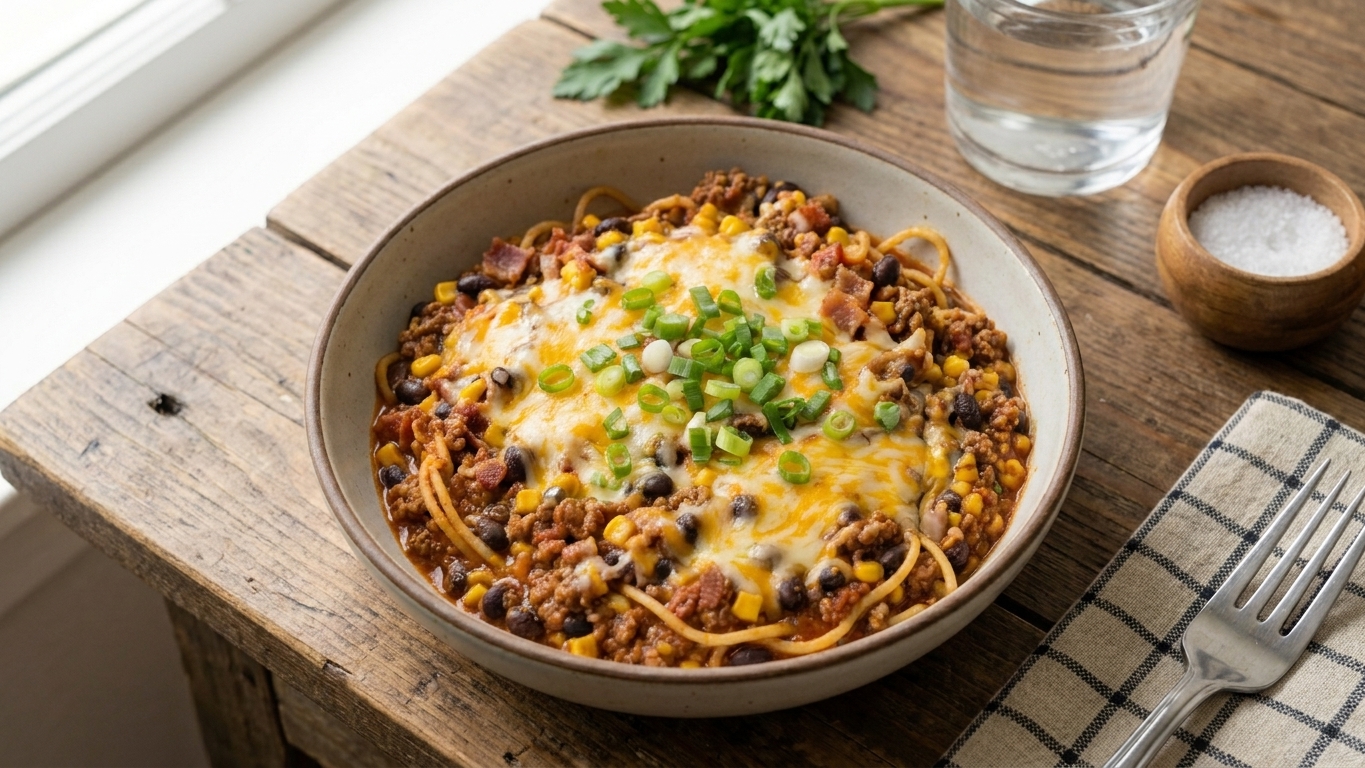 A bowl of cowboy spaghetti topped with melted cheddar and sliced green onions on a simple dinner table setting