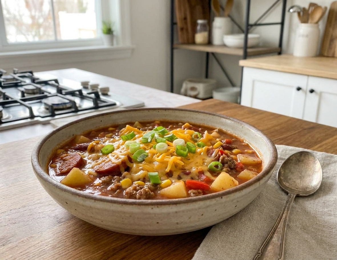 A bowl of cowboy stew topped with shredded cheddar and sliced green onions on a simple dinner table setting with a spoon beside the bowl