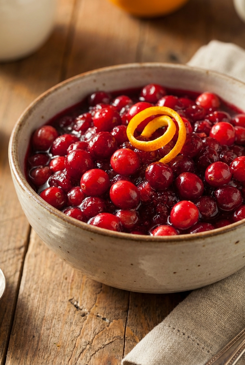 A bowl of cranberry sauce with whole berries and an orange peel twist