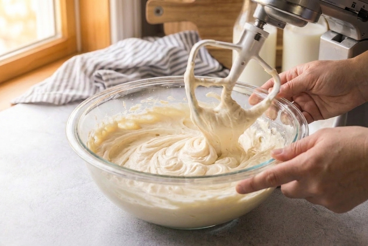 A bowl of cream cheese frosting being mixed until fluffy with a stand mixer, on a clean kitchen counter