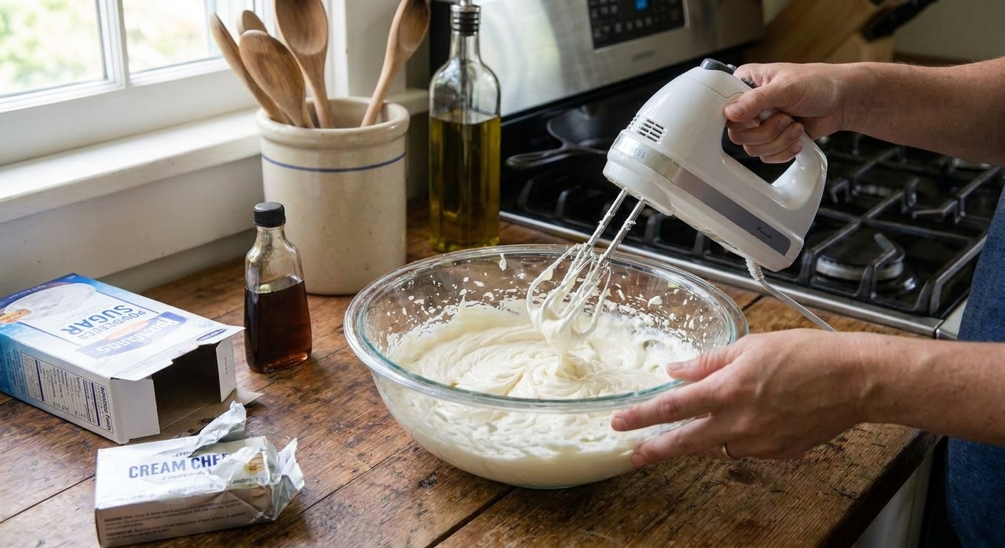 A bowl of cream cheese frosting being mixed with a hand mixer on a kitchen counter