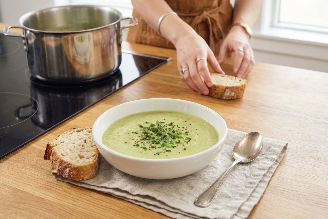 A bowl of cream of asparagus soup topped with sautéed asparagus tips and chives, set on a wooden table with a slice of crusty bread