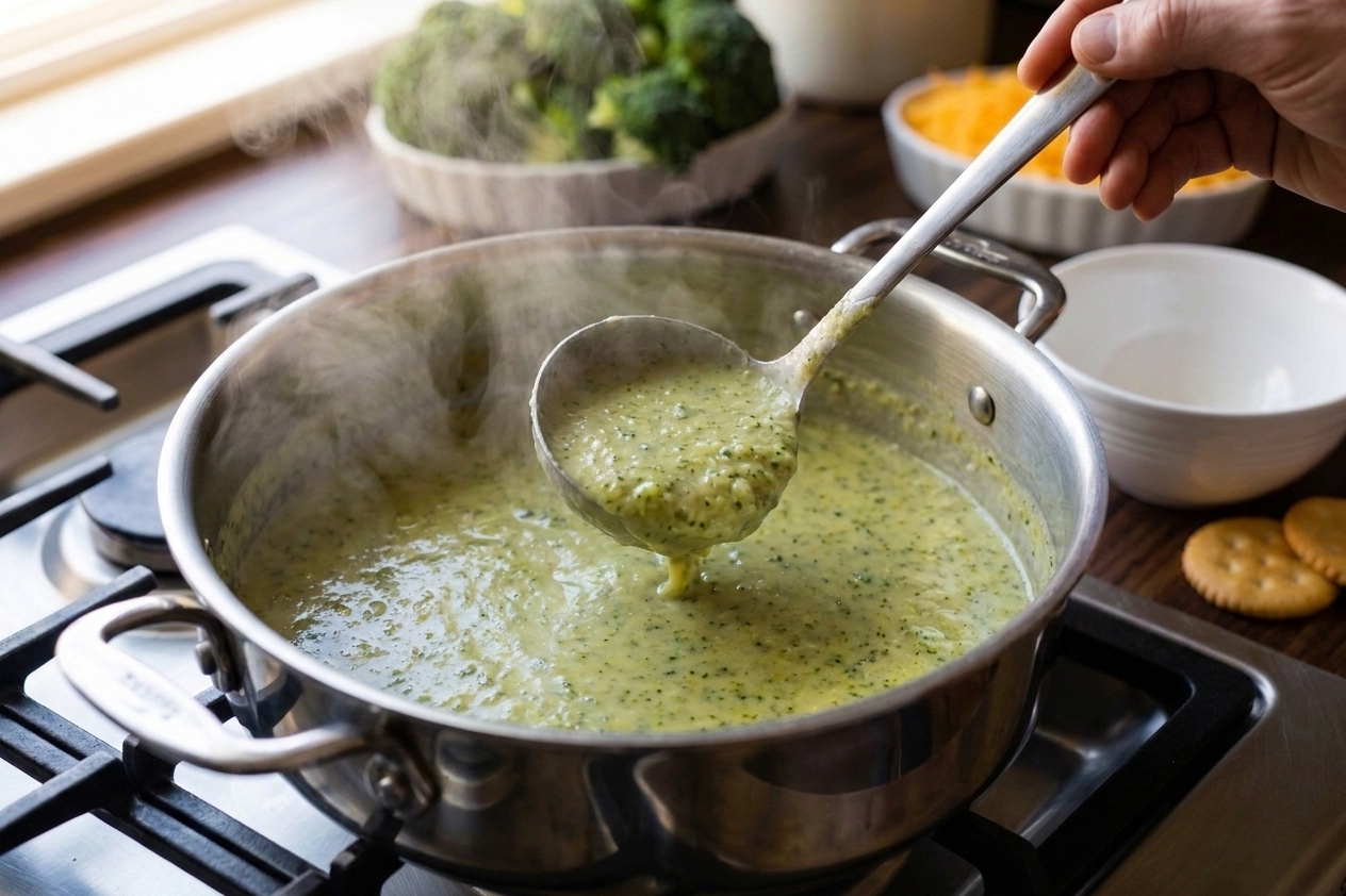 A bowl of cream of broccoli soup being ladled from a pot, with steam rising