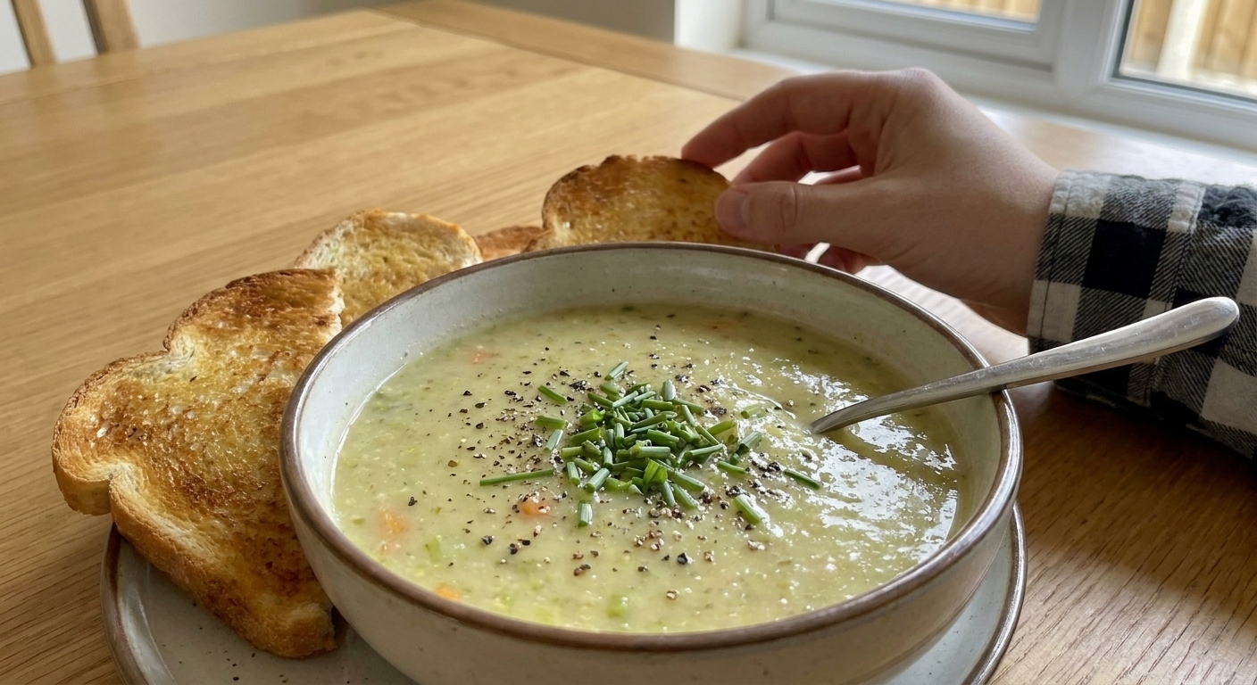 A bowl of cream of celery soup garnished with chopped chives and cracked black pepper, served with toasted bread on a simple dinner table