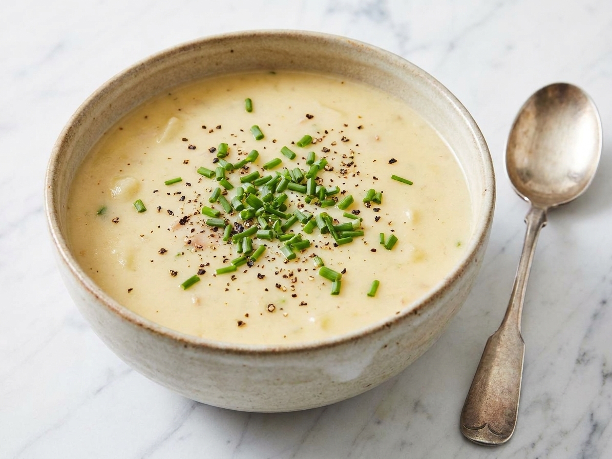 A bowl of cream of potato soup topped with chopped chives and cracked black pepper, with a spoon resting beside the bowl