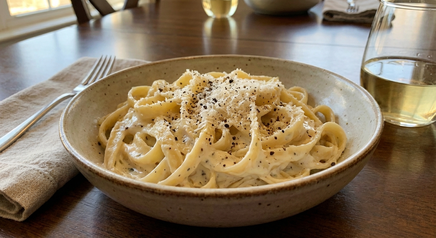 A bowl of creamy Alfredo pasta finished with freshly grated Parmesan and black pepper on a dinner table