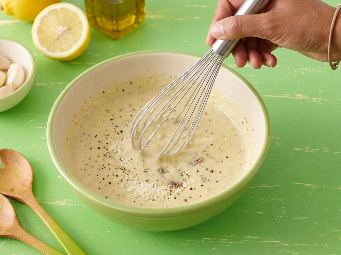 A bowl of creamy Caesar dressing being whisked until smooth on a kitchen counter