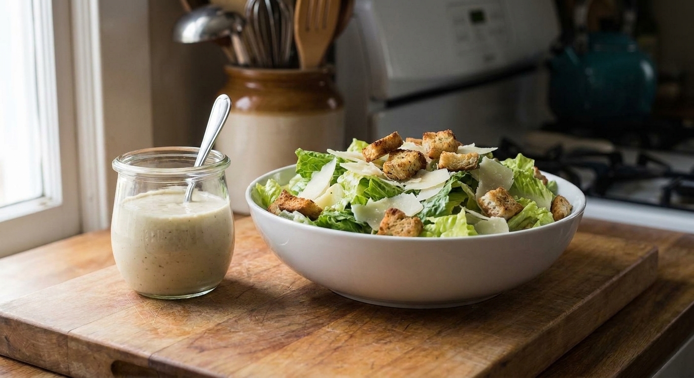 A bowl of creamy Caesar dressing beside a crisp romaine Caesar salad topped with shaved Parmesan and croutons on a bright kitchen counter