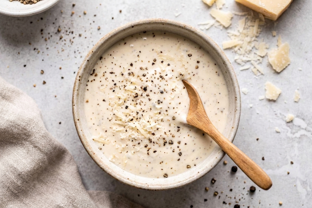 A bowl of creamy Caesar dressing with flecks of black pepper and grated Parmesan on a stone countertop