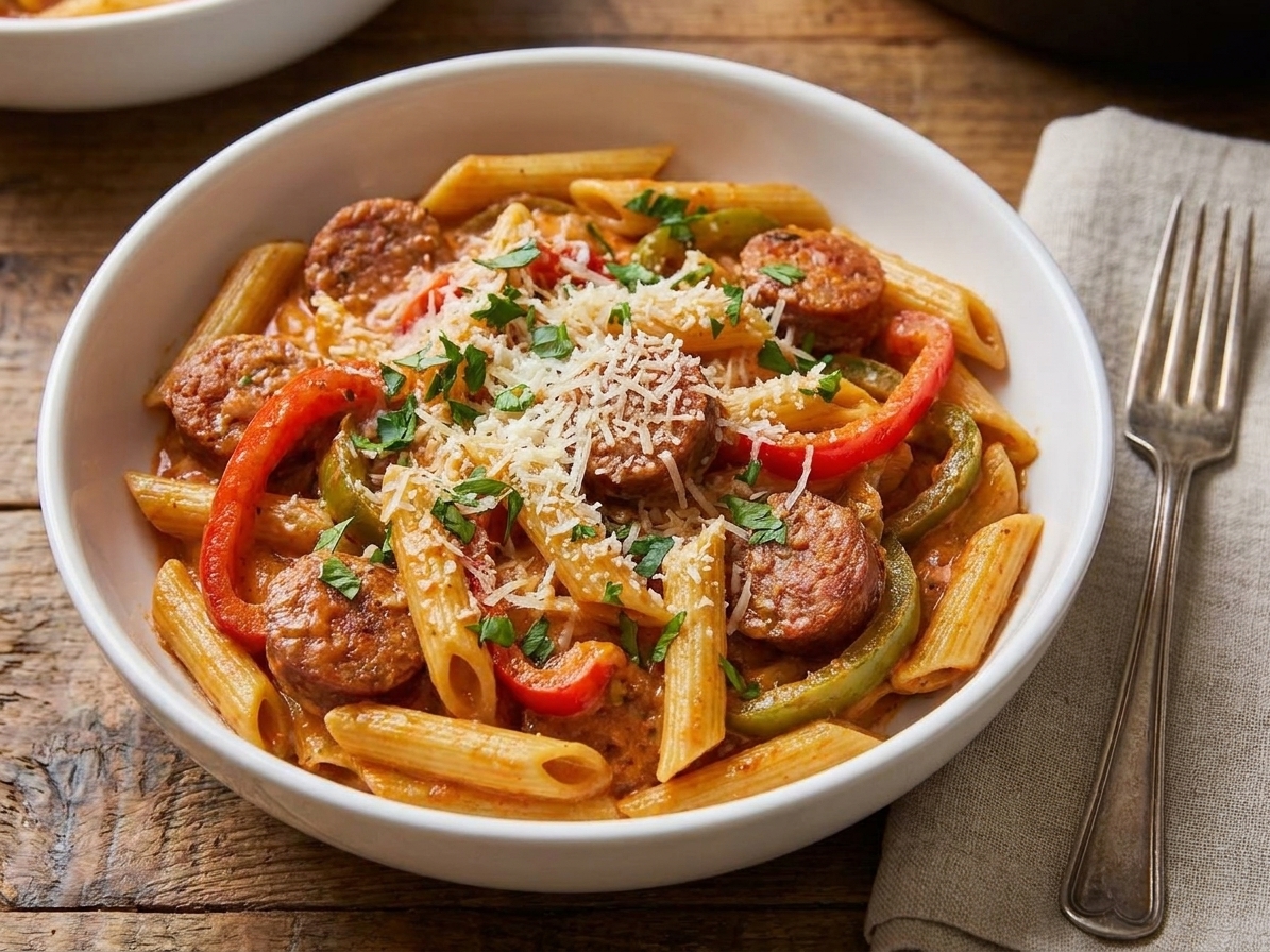 A bowl of creamy Cajun sausage pasta topped with Parmesan and parsley on a simple dinner table setting with a fork and napkin