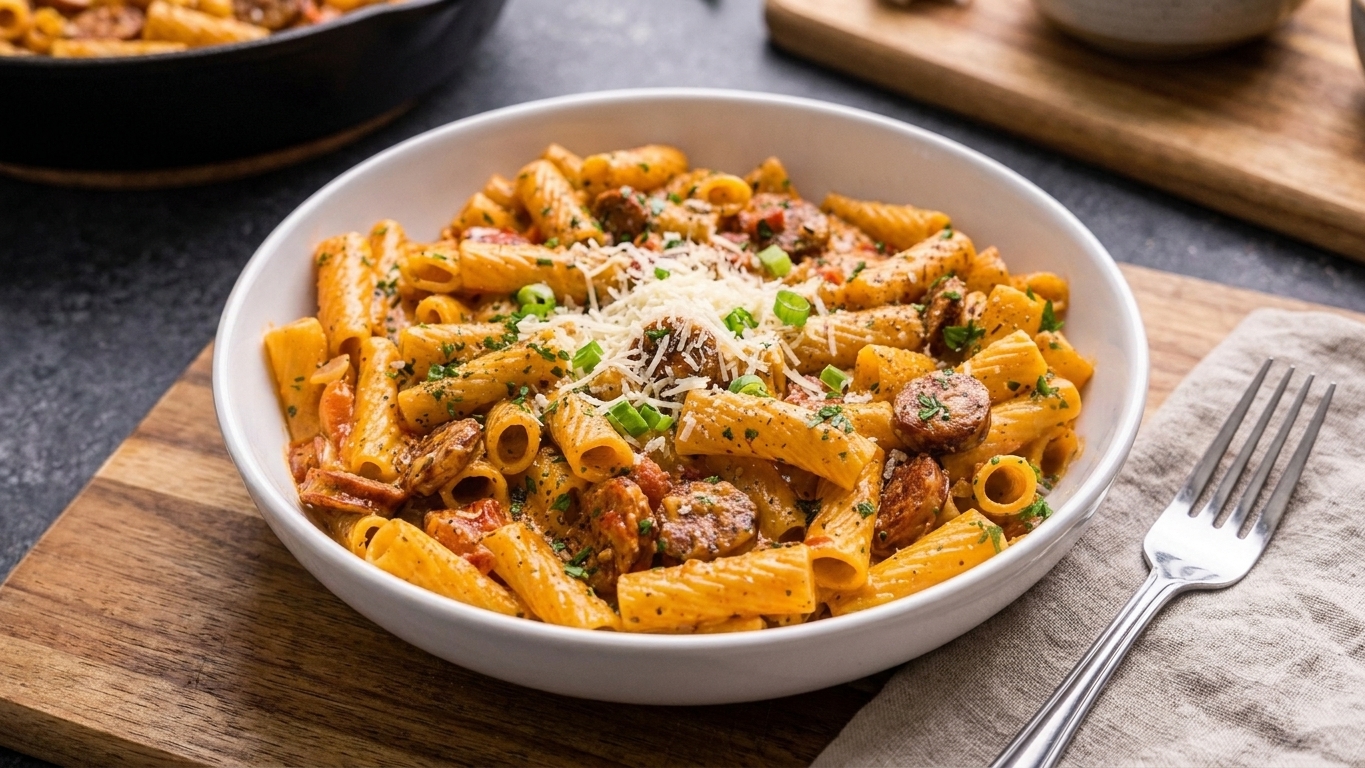 A bowl of creamy Cajun sausage pasta topped with grated Parmesan and sliced green onions on a dinner table with a fork beside it