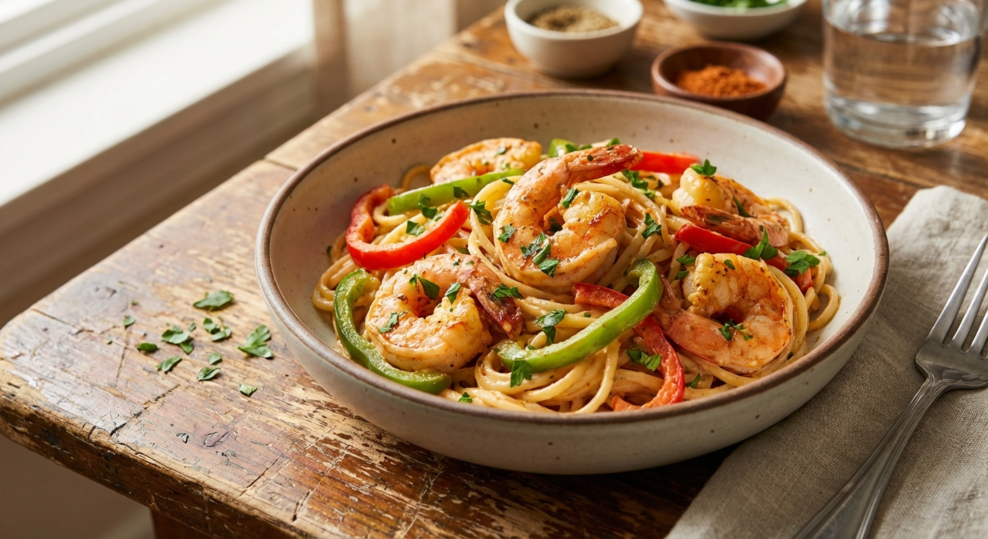 A bowl of creamy Cajun shrimp pasta with sliced bell peppers and parsley on a rustic wooden table