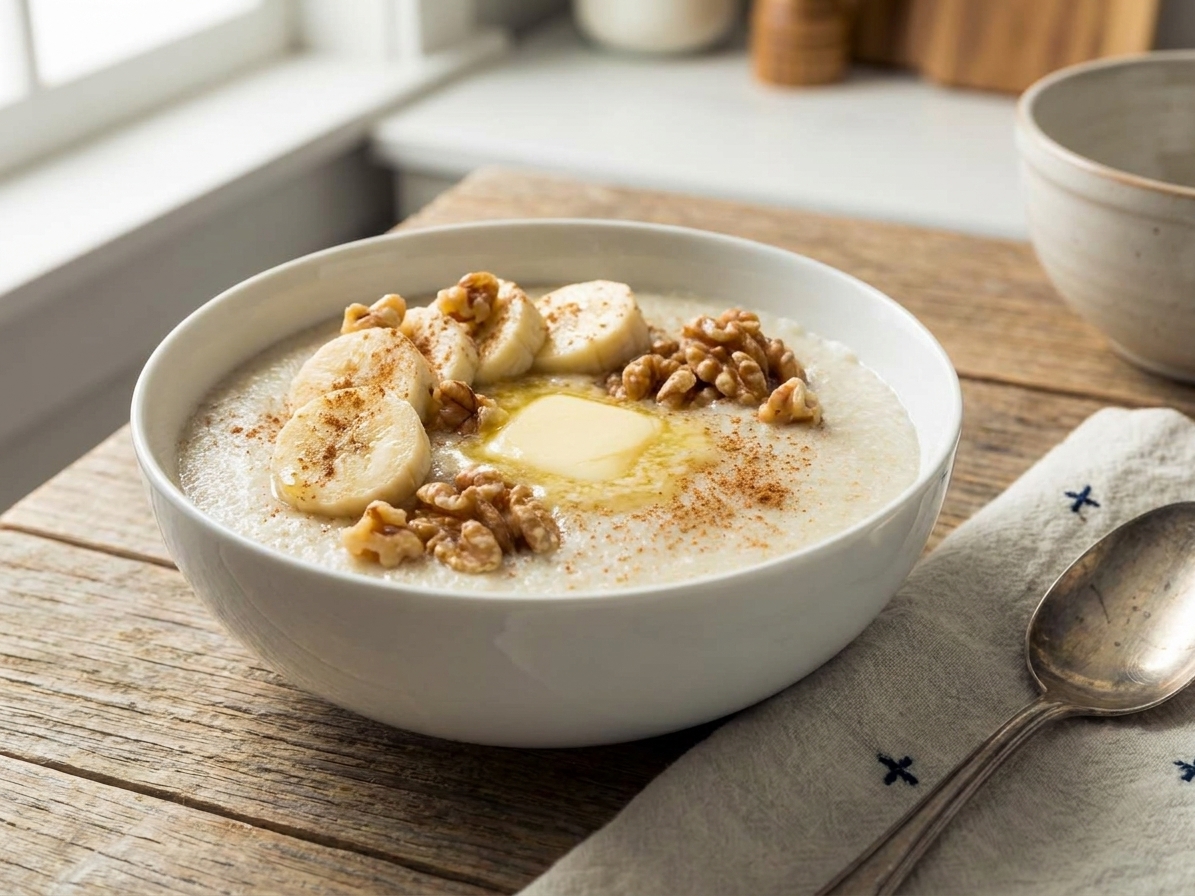 A bowl of creamy Cream of Wheat topped with sliced bananas, toasted walnuts, and a light dusting of cinnamon on a simple breakfast table