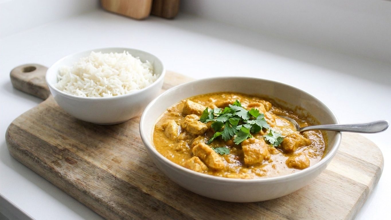 A bowl of creamy Indian chicken curry topped with cilantro, served with basmati rice on a warm-toned kitchen table