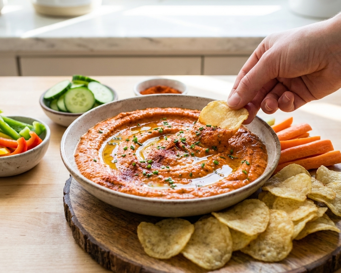 A bowl of creamy Spanish-style roasted red pepper dip topped with olive oil and smoked paprika, surrounded by potato chips and sliced vegetables on a bright kitchen table