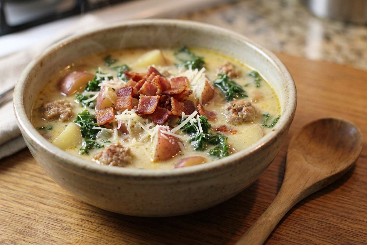 A bowl of creamy Toscana soup topped with crispy bacon and grated Parmesan, with a spoon resting beside the bowl on a wooden table