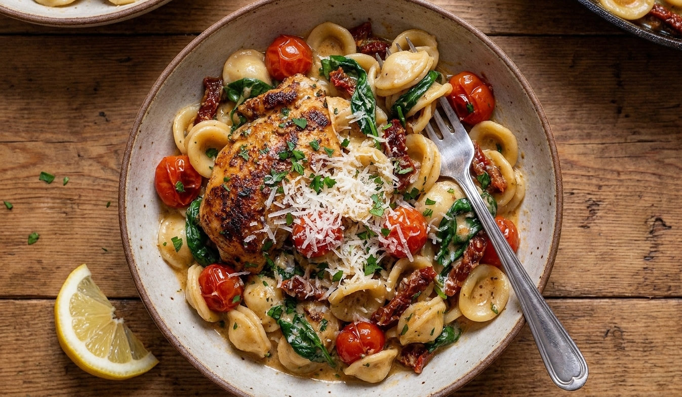 A bowl of creamy Tuscan chicken pasta on a simple dinner table setting with a fork, grated Parmesan on top, and a lemon wedge on the side