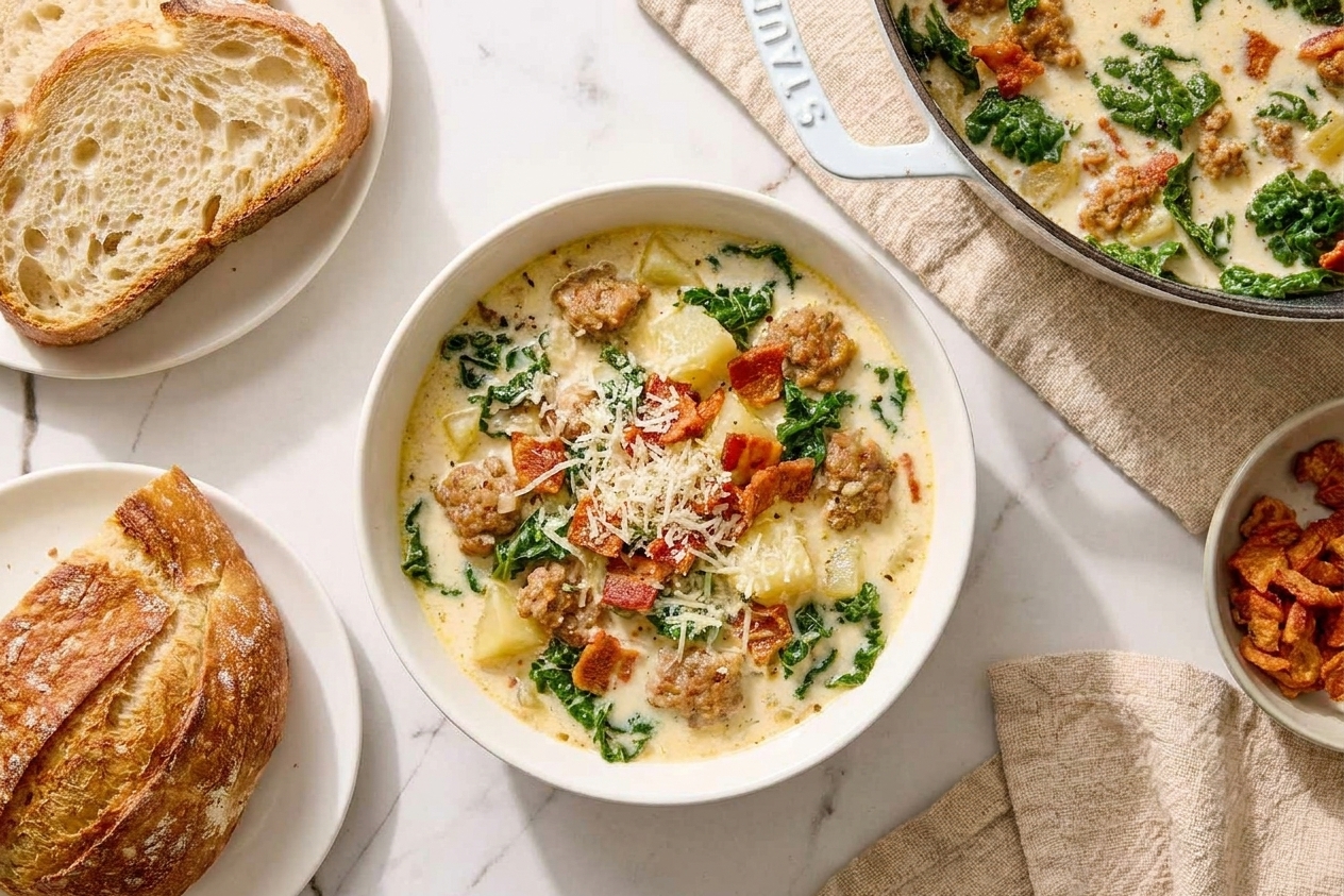A bowl of creamy Zuppa Toscana topped with Parmesan and bacon pieces, with crusty bread on the side