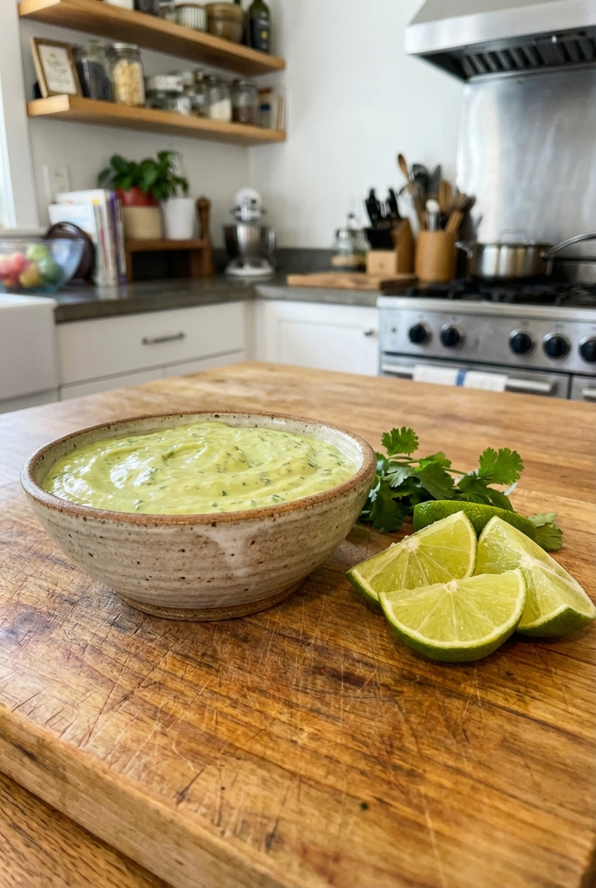 A bowl of creamy avocado cilantro sauce with lime wedges on a wooden board