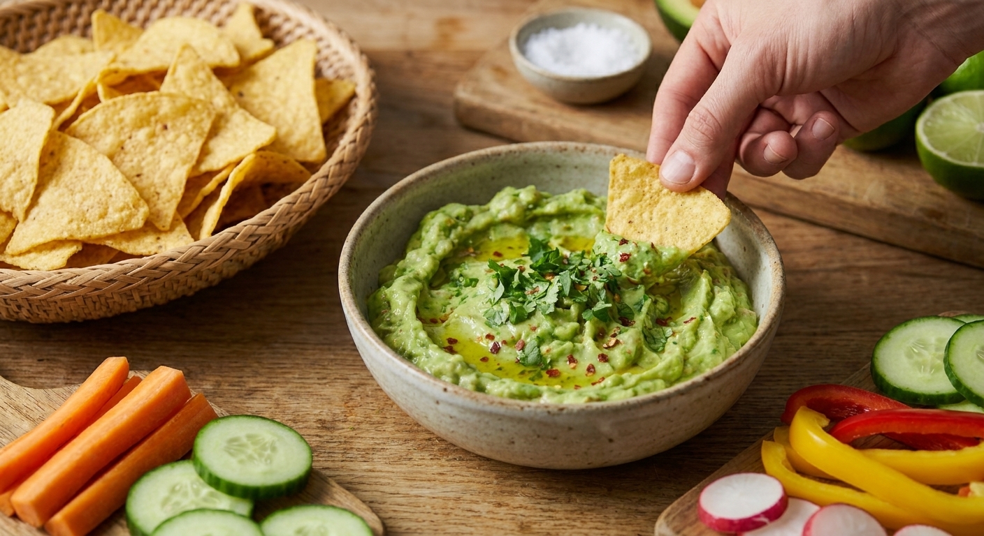 A bowl of creamy avocado dip served with tortilla chips and sliced vegetables on a kitchen table