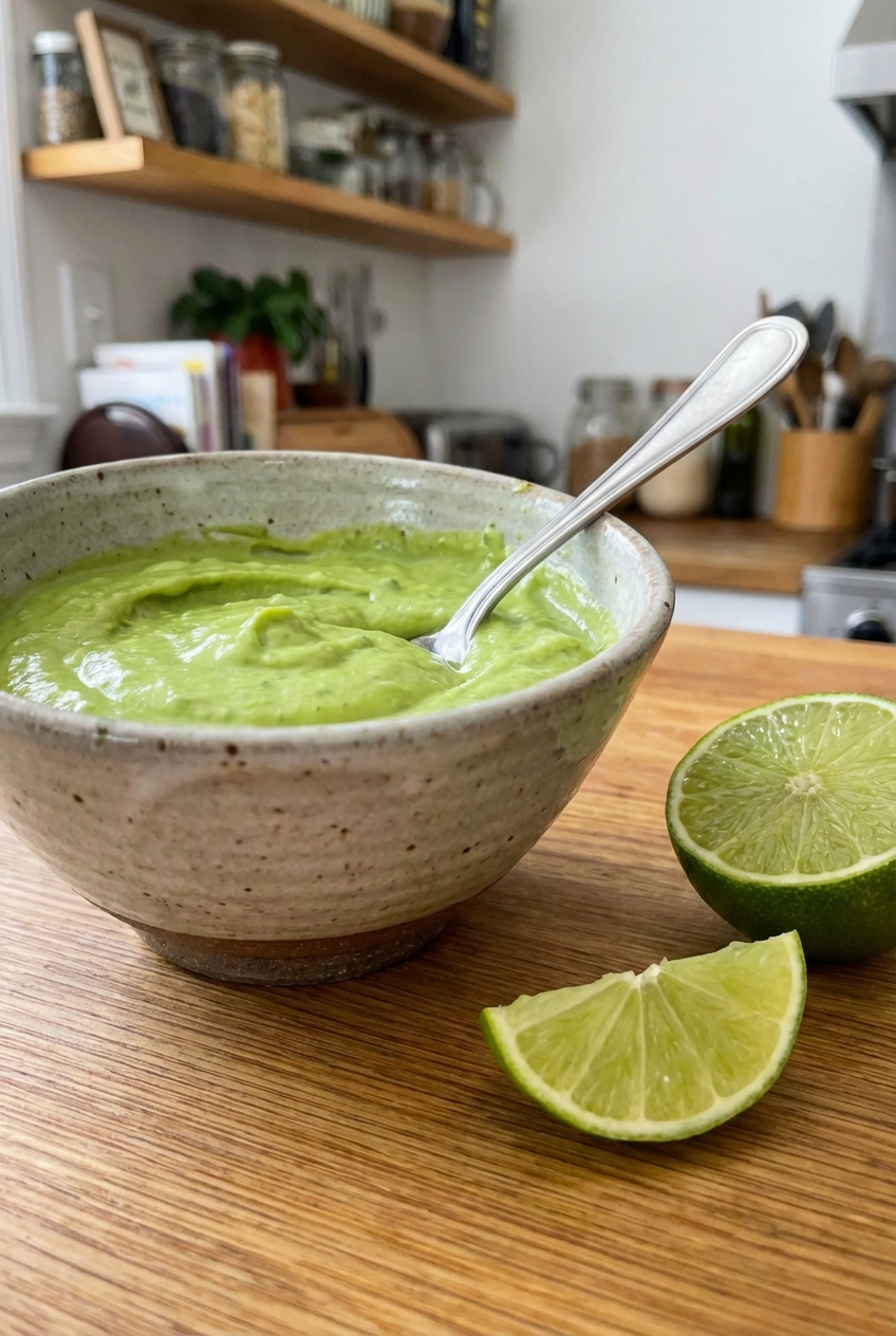 A bowl of creamy avocado sauce with a spoon and lime