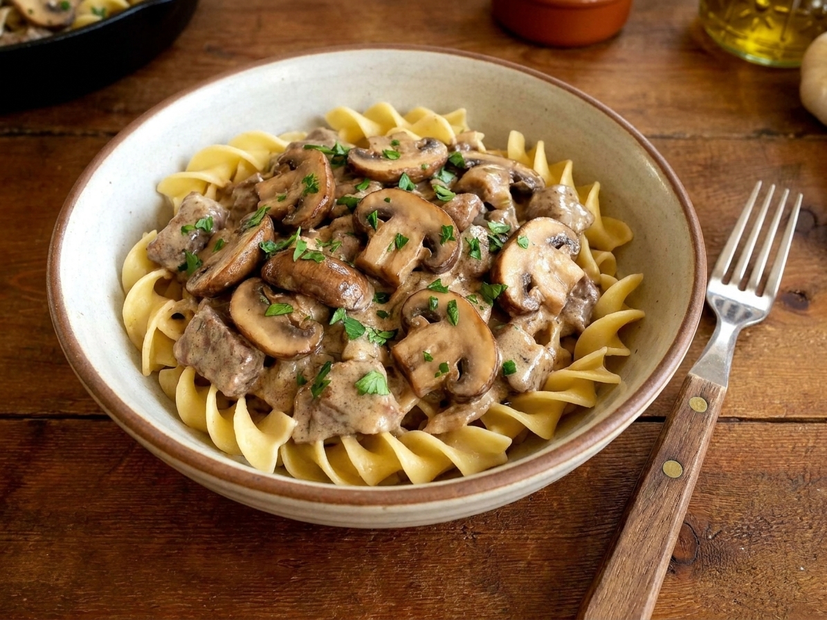 A bowl of creamy beef stroganoff with mushrooms served over egg noodles, garnished with chopped parsley on a light wooden table with a fork nearby, warm natural kitchen lighting