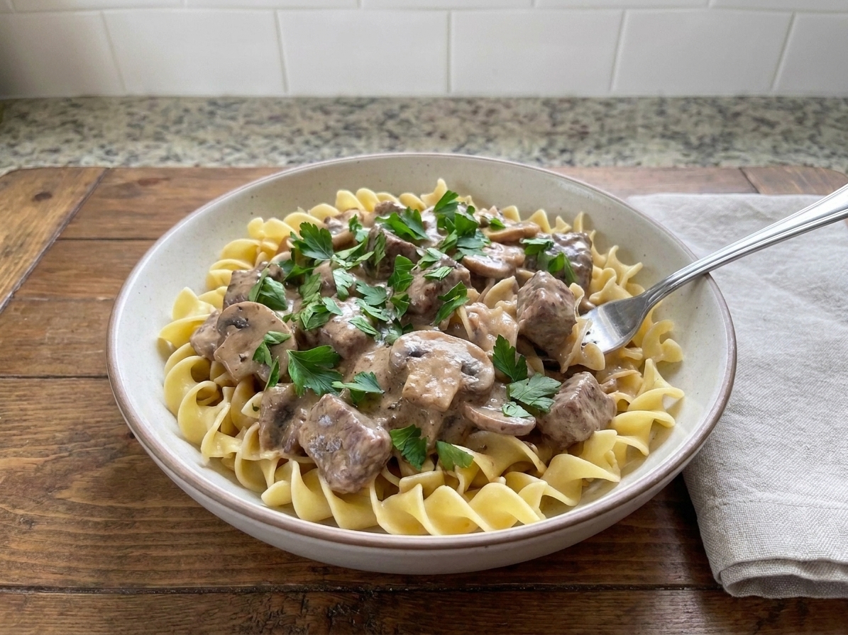 A bowl of creamy beef stroganoff with mushrooms served over egg noodles on a wooden table with a fork and a linen napkin