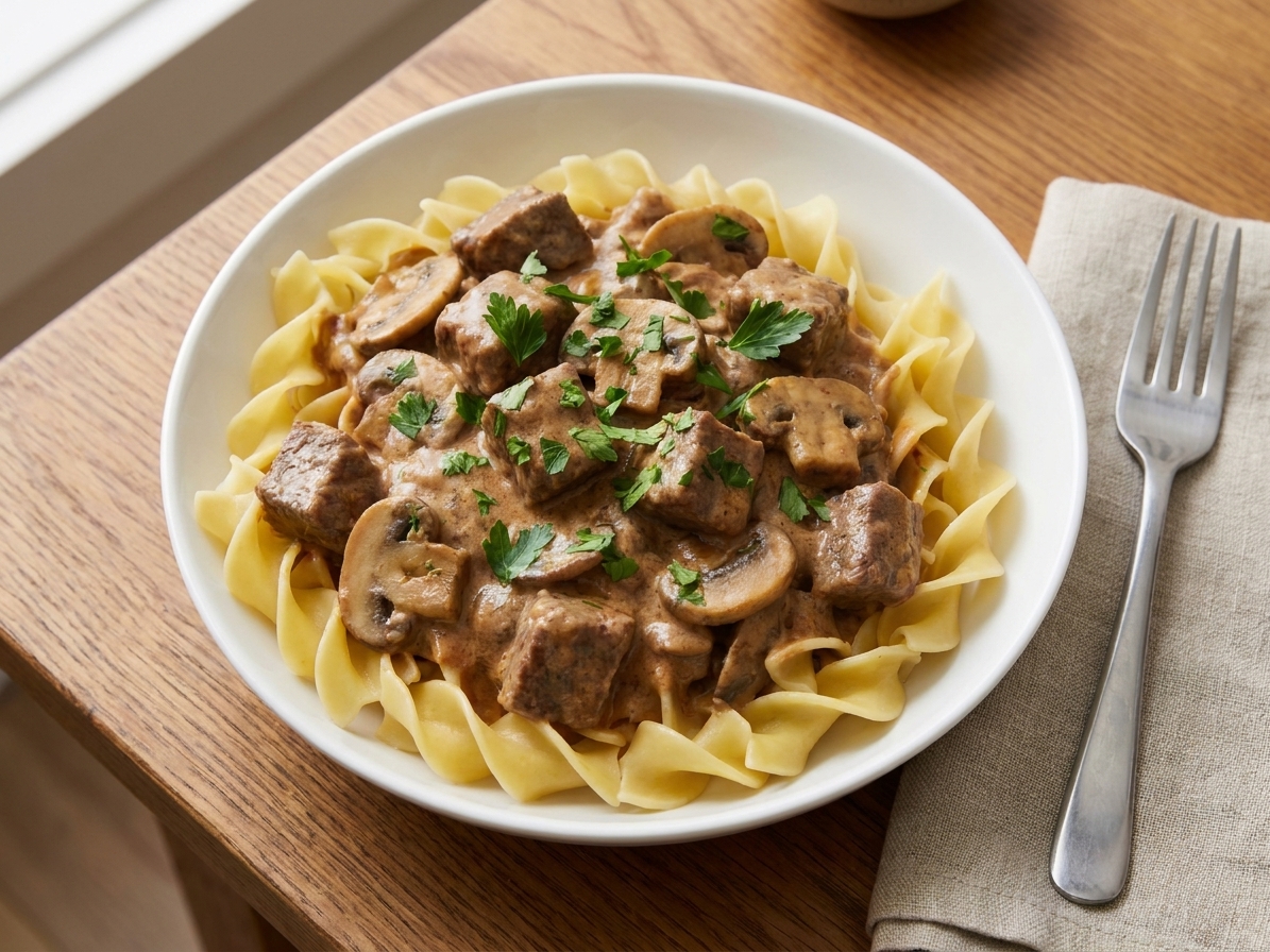 A bowl of creamy beef stroganoff with mushrooms served over egg noodles, garnished with parsley on a simple wooden table with soft window light