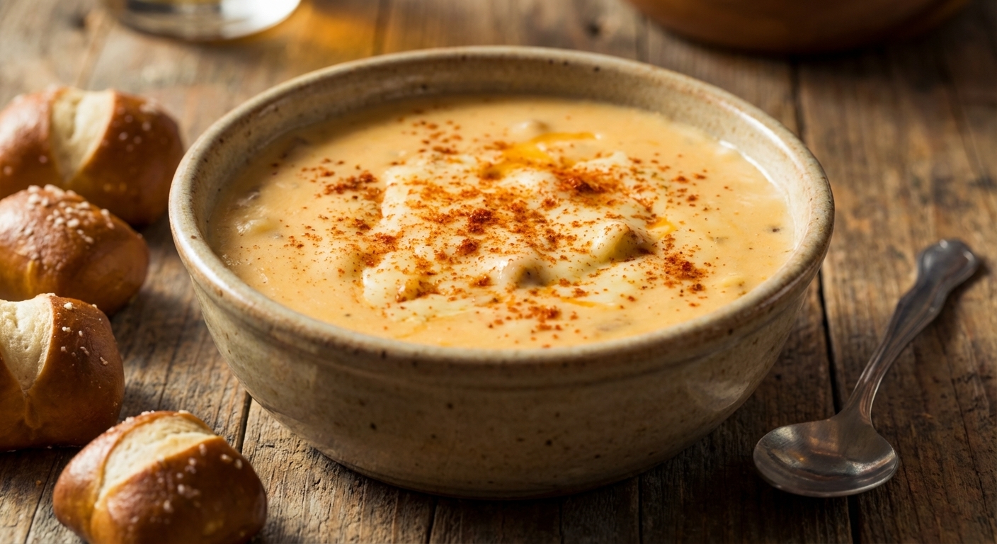 A bowl of creamy beer cheese dip topped with a sprinkle of paprika on a wooden table